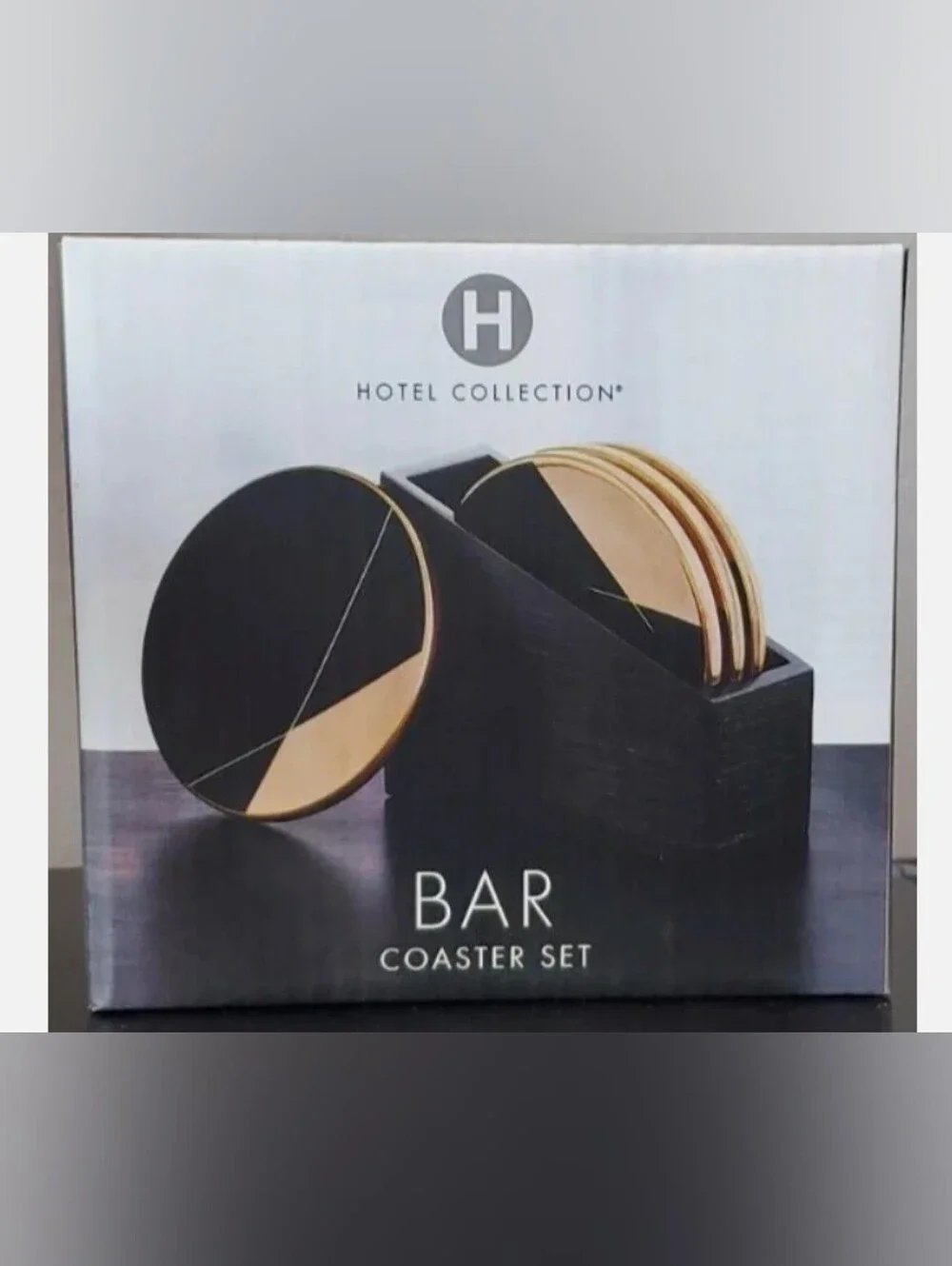 Hotel Collection Set of 4 Black &Gold Dolomite Coasters with Holder